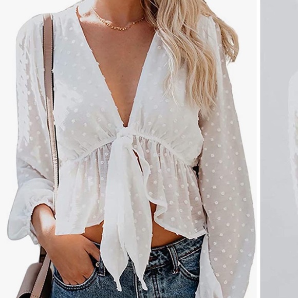 Tie Knot Crop Top Long Sleeve Neck Ruffle Chiffon - Picture 1 of 3